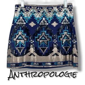 Anthropologie Blue Sequin Tribal Mini Skirt Geometric Festival Party Size M